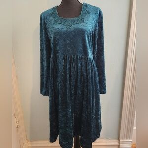 Vintage 90s Emerald Green Crushed Velvet Long Sleeve Babydoll Dress Womens XL